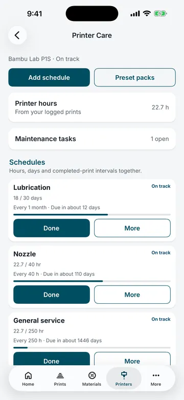 The Printer Care screen in 3DCDesign: printer hours, one open task, and lubrication, nozzle and general service schedules, each with a Done button.