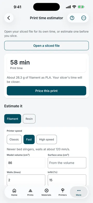 The Print time estimator in 3DCDesign: a 58 minute estimate with the filament it uses, a Price this print button and the estimate form.