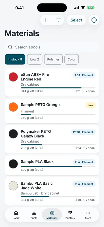 The Materials list in 3DCDesign: spools with how much is left and their price, and a Low flag on one running out.