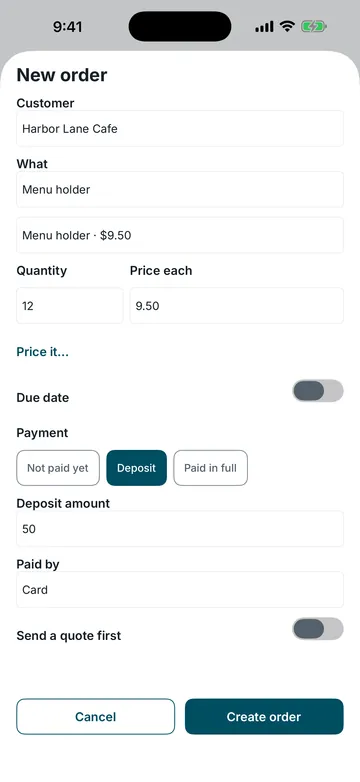 The New order sheet in 3DCDesign: the customer, the item, quantity and price each, and a deposit recorded as the payment.