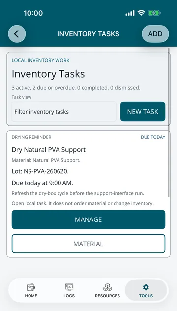 The Inventory tasks screen in 3DCDesign: three active tasks, two of them due, led by a drying reminder for a PVA support spool due today.