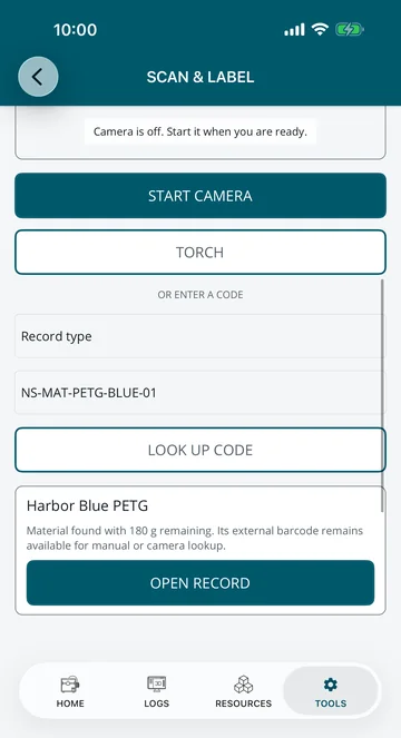 The Scan and label screen in 3DCDesign, showing a PETG spool found by its label code with 180 g remaining.